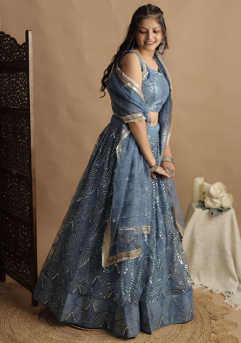 Rama Blue Sequin Thread Embroidered Net Lehenga Set - Indya