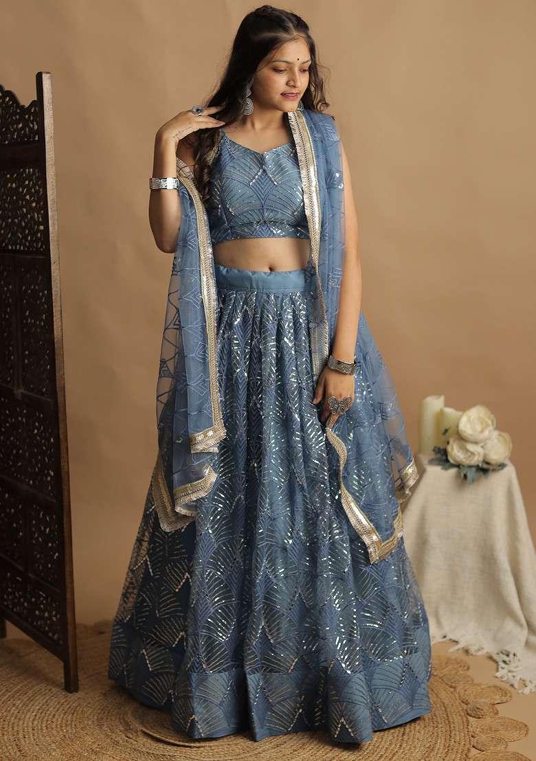 Rama Blue Sequin Thread Embroidered Net Lehenga Set - Indya