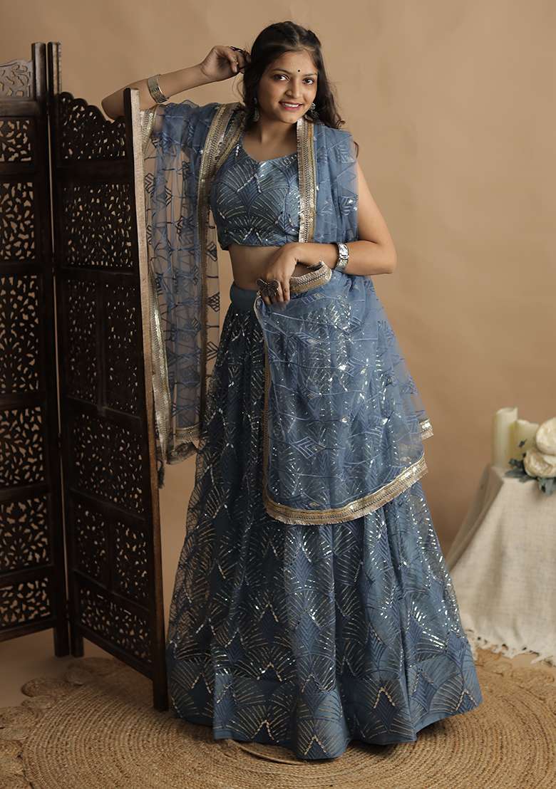 Rama Blue Sequin Thread Embroidered Net Lehenga Set - Indya