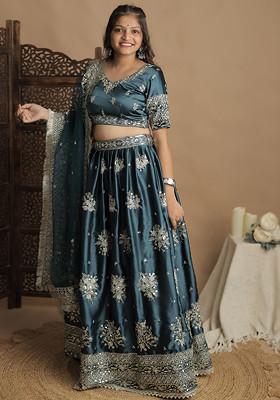 Green Sequin Thread Embroidered Silk Lehenga Set