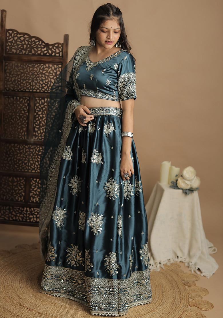 Green Sequin Thread Embroidered Silk Lehenga Set