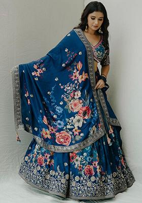 Blue Sequin Thread Embroidered Faux Georgette Lehenga Set