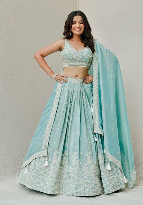 Sky Blue  Sequin Thread Embroidered Roman Silk Lehenga Set