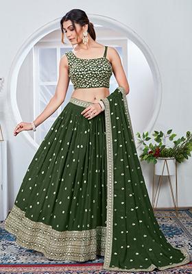 Green Sequin Thread Embroidered Georgette Lehenga Set