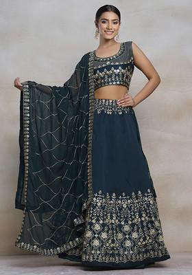 Green Sequin Thread Embroidered Silk Lehenga Set