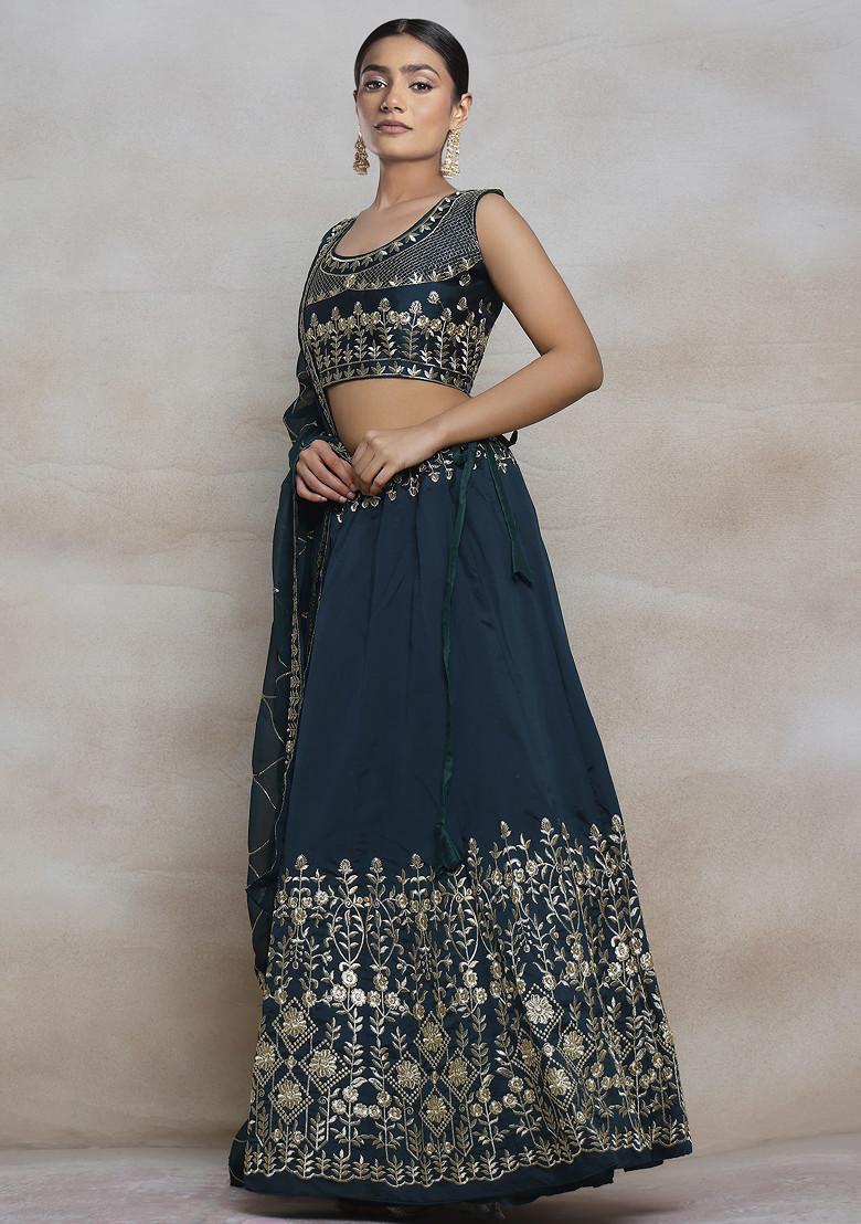 Green Sequin Thread Embroidered Silk Lehenga Set