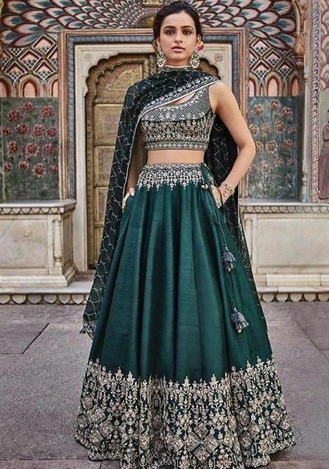 Green Sequin Thread Embroidered Silk Lehenga Set