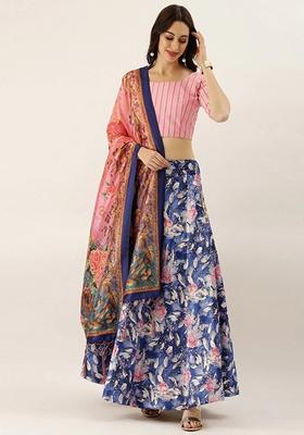 Dark Blue Printed Satin Silk Lehenga Set