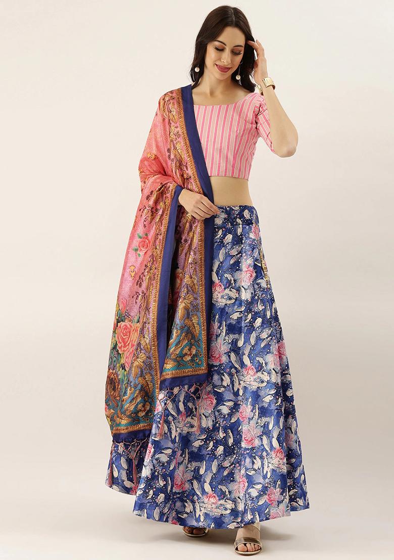 Dark Blue Printed Satin Silk Lehenga Set