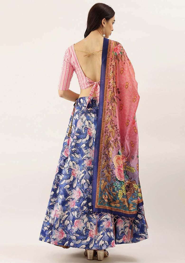 Dark Blue Printed Satin Silk Lehenga Set