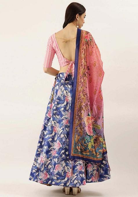 Dark Blue Printed Satin Silk Lehenga Set