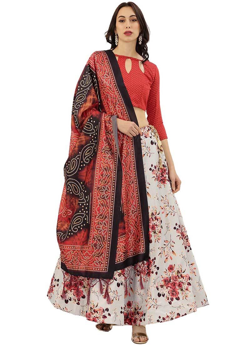 Beige Printed Satin Silk Lehenga Set
