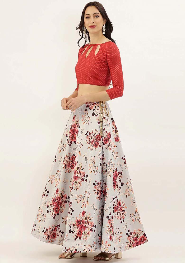 Beige Printed Satin Silk Lehenga Set