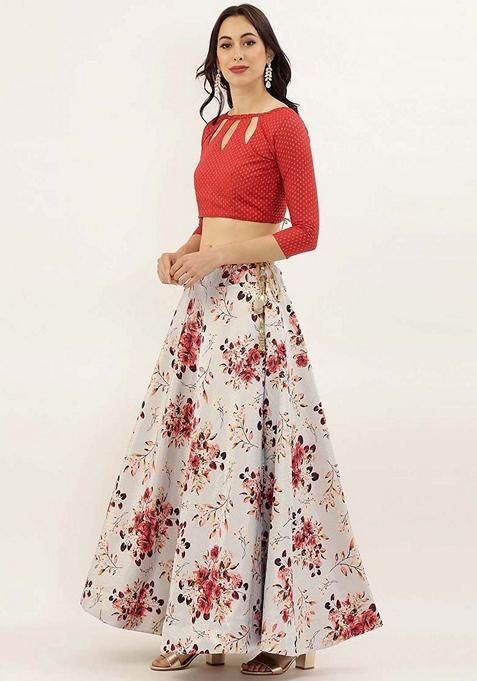 Beige Printed Satin Silk Lehenga Set