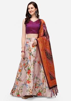 Multicolor Printed Satin Silk Lehenga Set