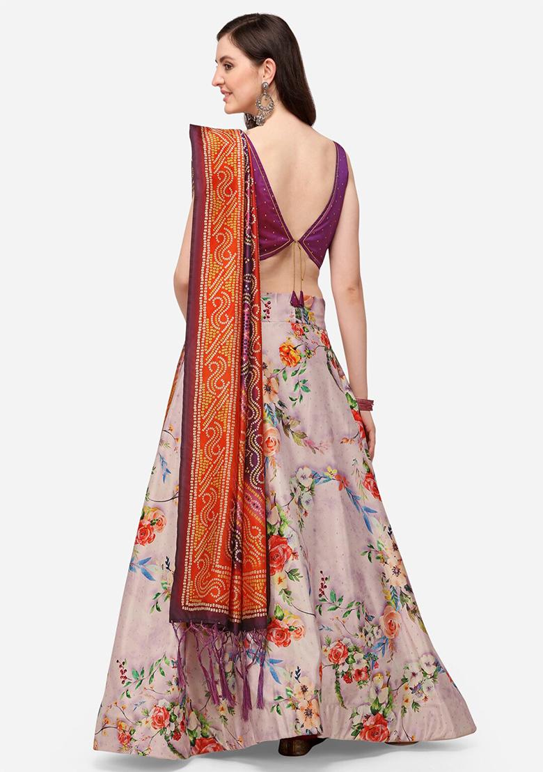 Multicolor Printed Satin Silk Lehenga Set