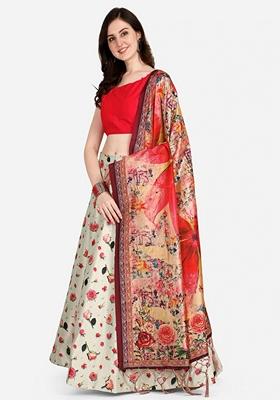 Beige Printed Satin Silk Lehenga Set