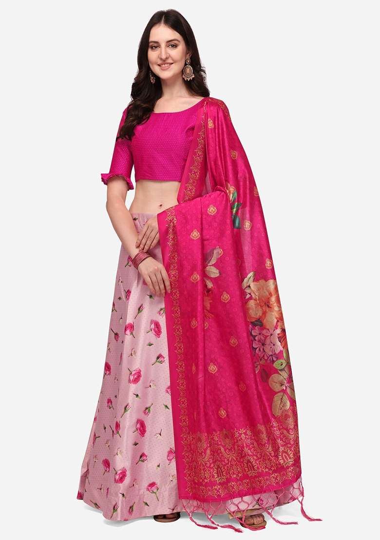 Pink Printed Satin Silk Lehenga Set - Indya