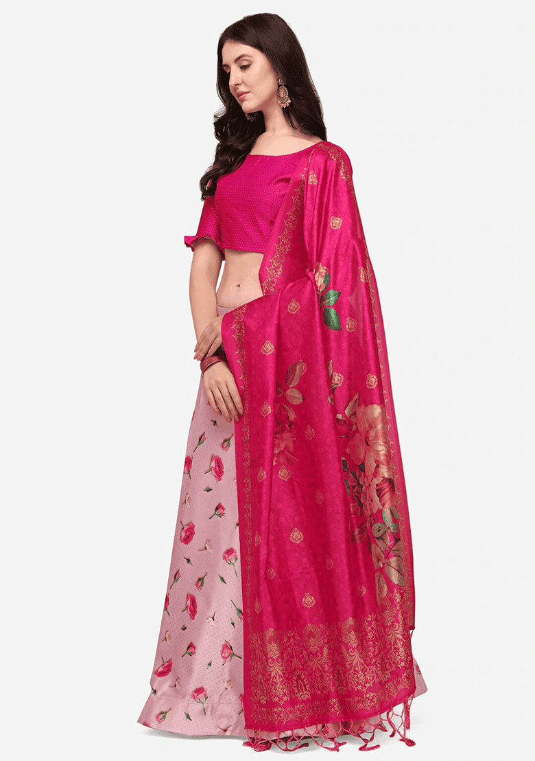 Pink Printed Satin Silk Lehenga Set - Indya