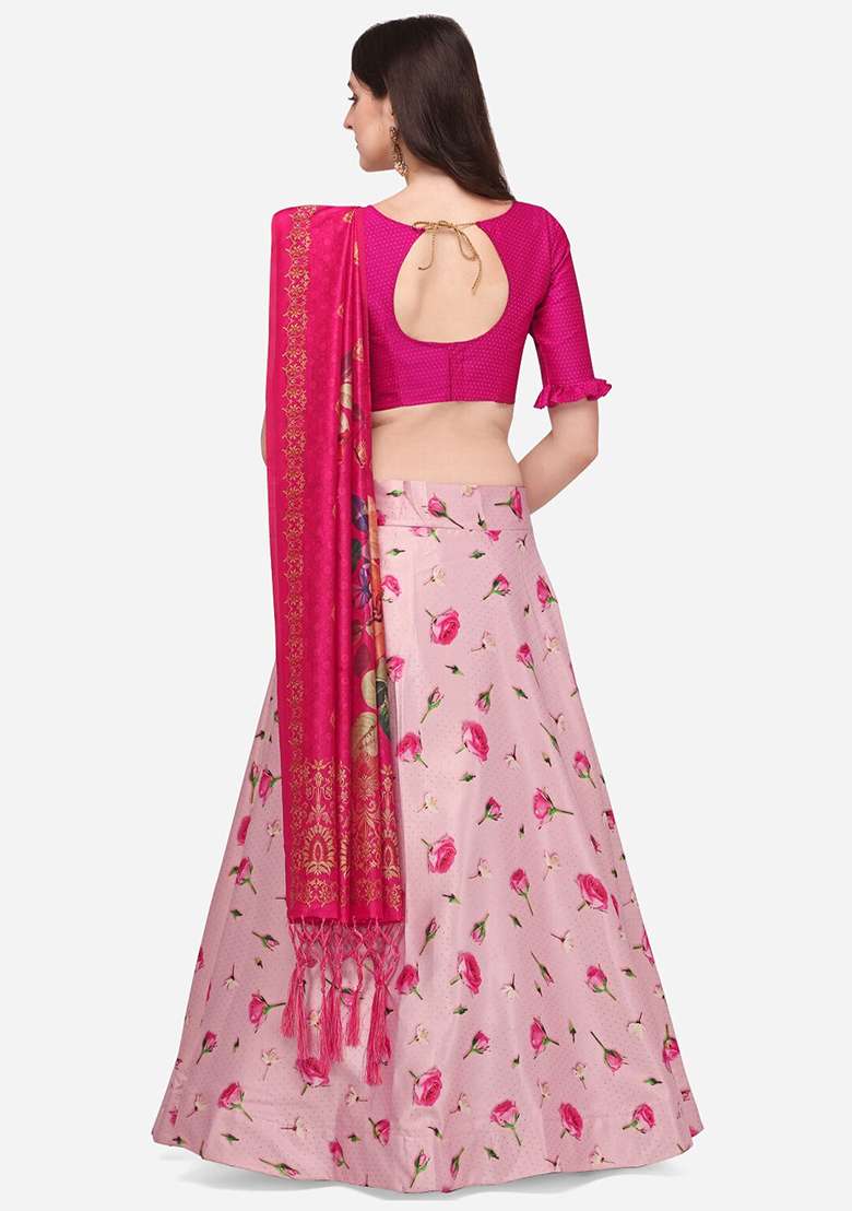 Pink Printed Satin Silk Lehenga Set - Indya