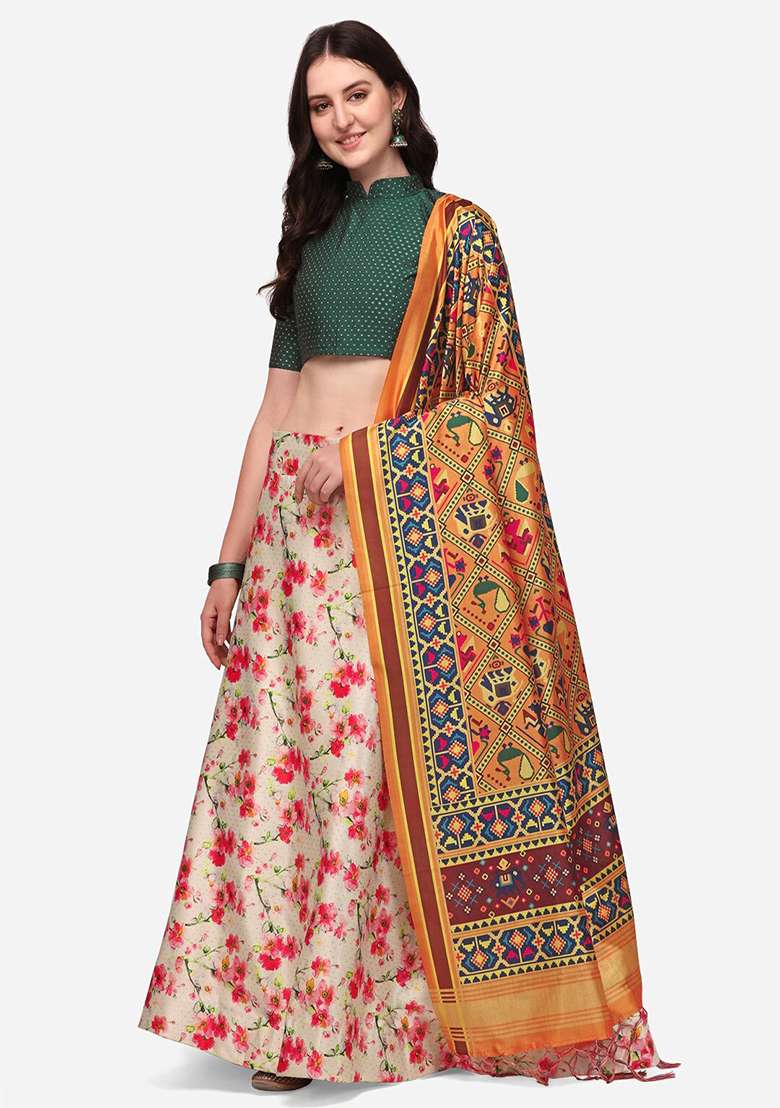 Pink Printed Satin Silk Lehenga Set - Indya