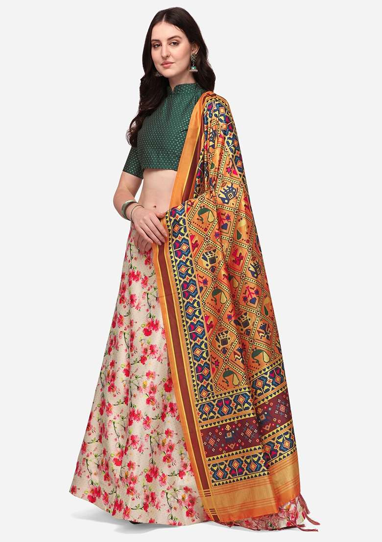 Pink Printed Satin Silk Lehenga Set - Indya