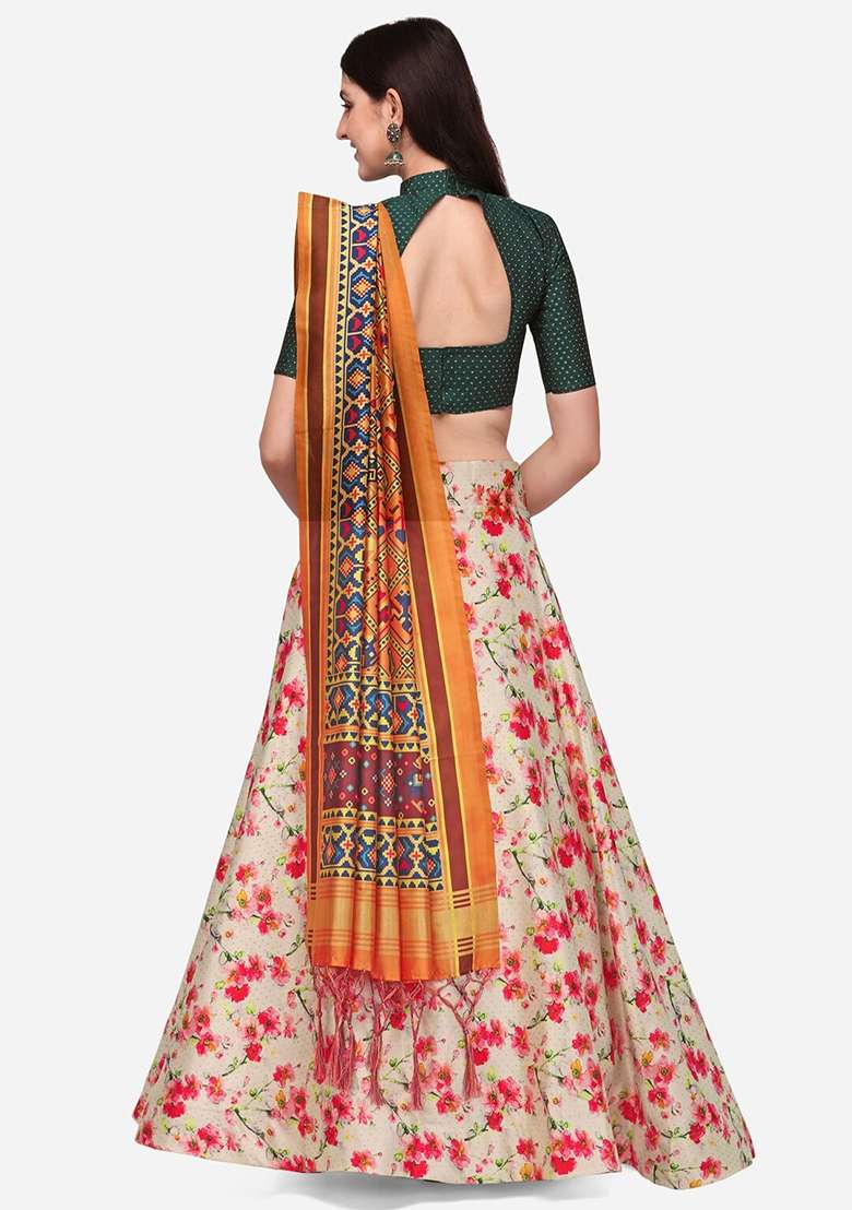 Pink Printed Satin Silk Lehenga Set - Indya