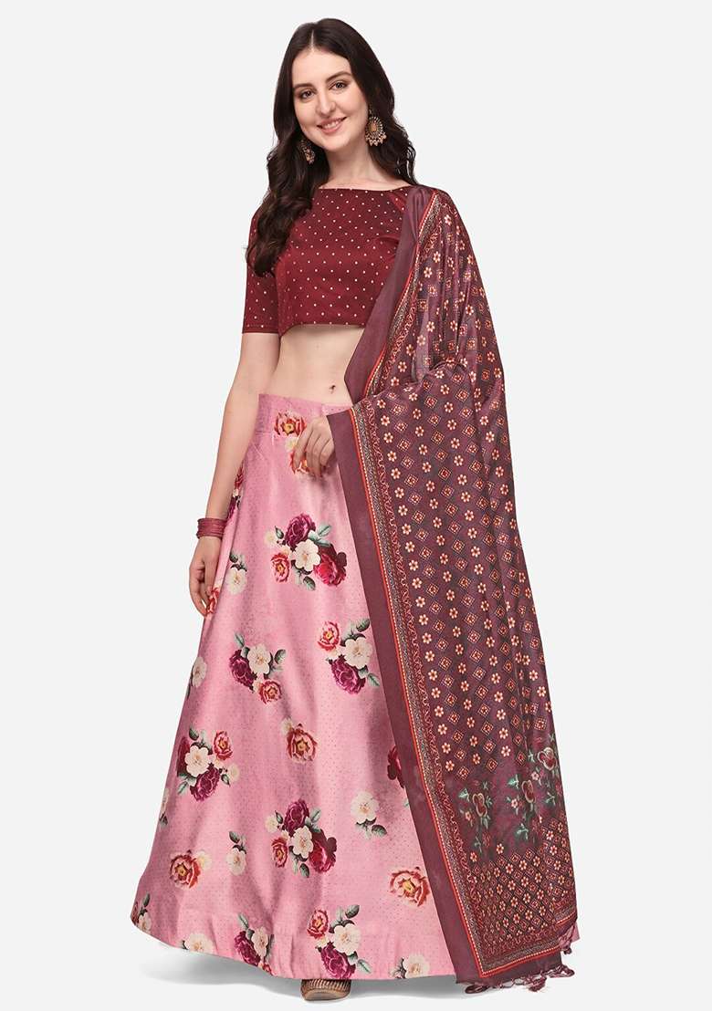 Pink Printed Satin Silk Lehenga Set - Indya