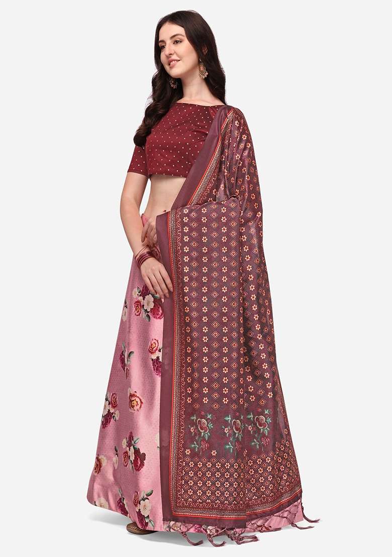 Pink Printed Satin Silk Lehenga Set - Indya