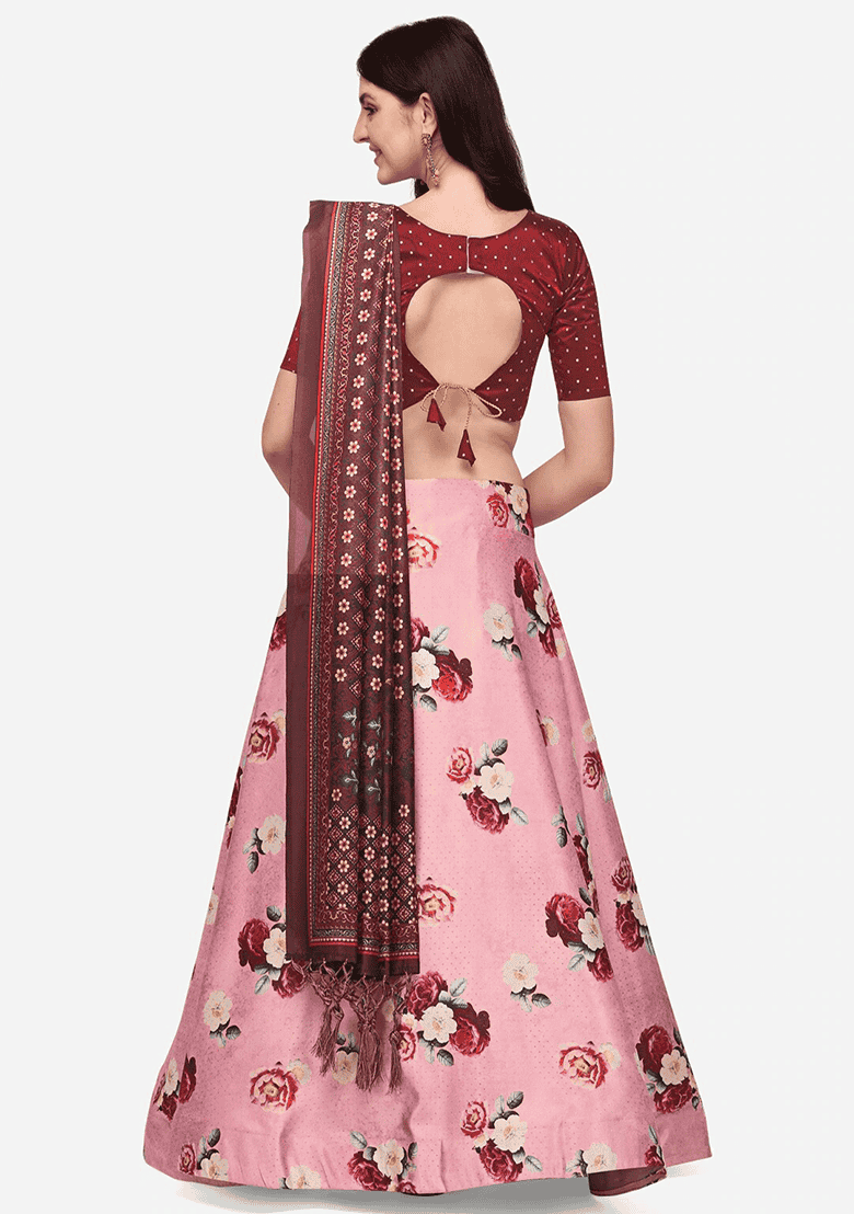Pink Printed Satin Silk Lehenga Set - Indya