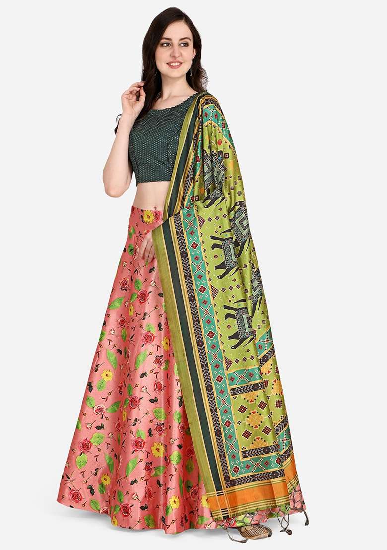 Pink Printed Satin Silk Lehenga Set - Indya