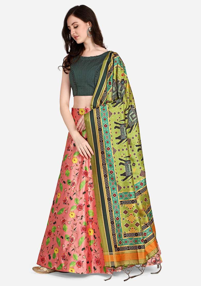 Pink Printed Satin Silk Lehenga Set - Indya