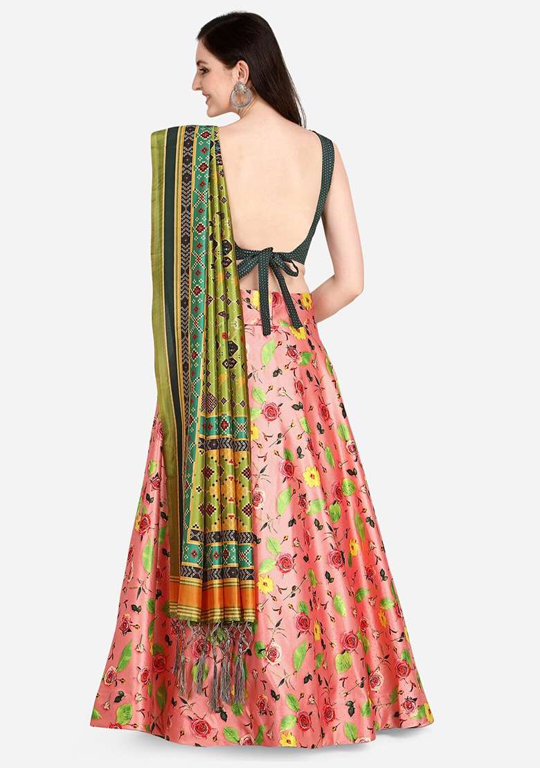 Pink Printed Satin Silk Lehenga Set - Indya