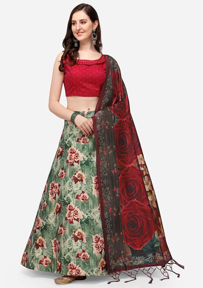 Green Printed Satin Silk Lehenga Set - Indya