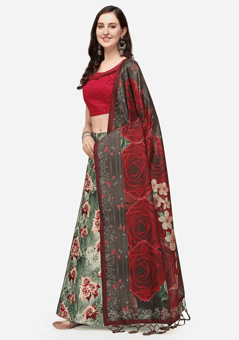 Green Printed Satin Silk Lehenga Set - Indya