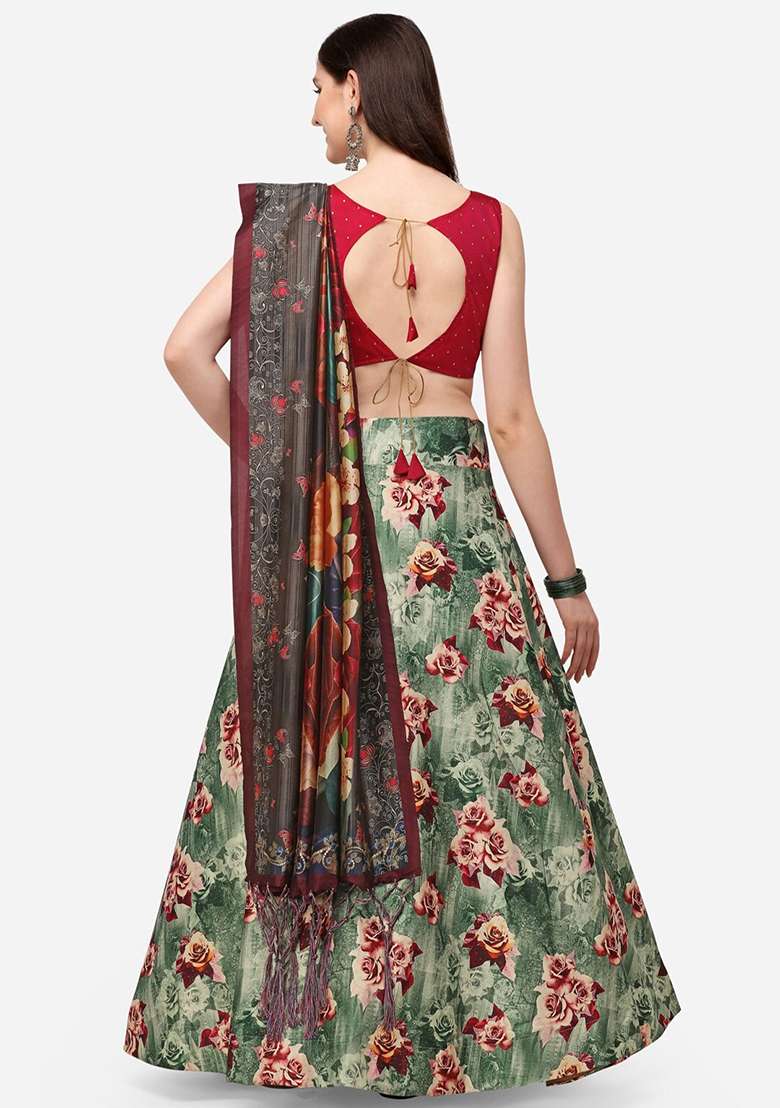 Green Printed Satin Silk Lehenga Set - Indya