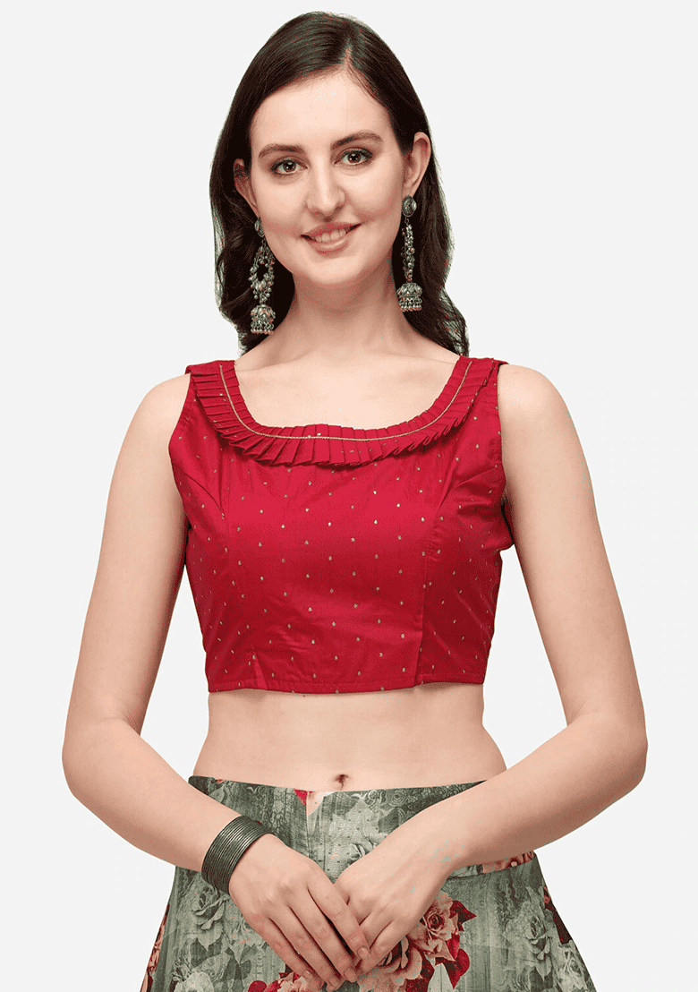 Green Printed Satin Silk Lehenga Set - Indya