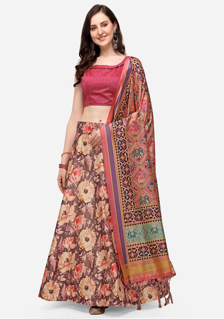 Multicolor Printed Satin Silk Lehenga Set - Indya