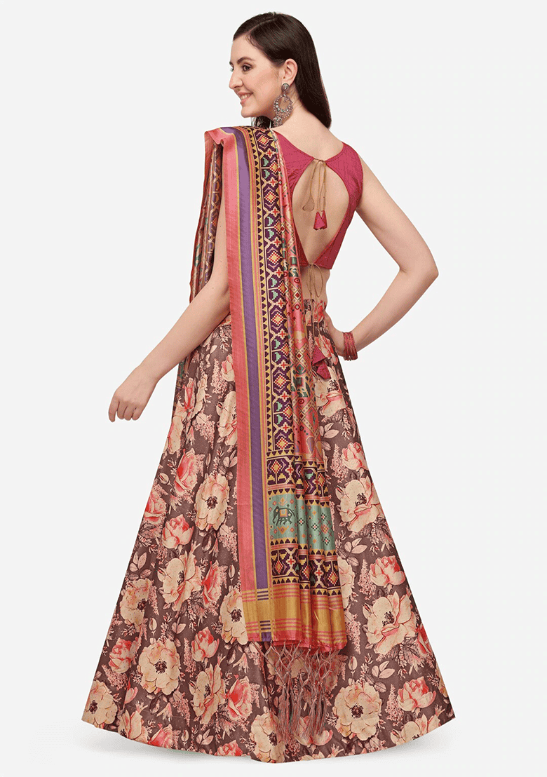 Multicolor Printed Satin Silk Lehenga Set - Indya