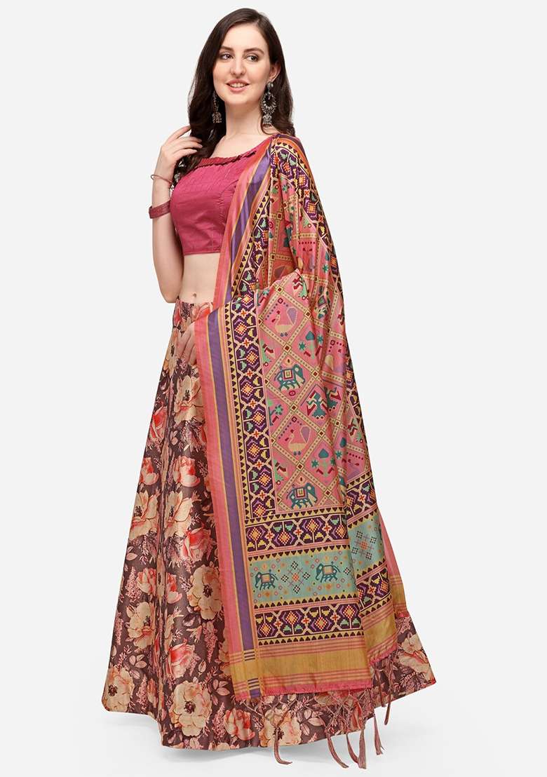 Multicolor Printed Satin Silk Lehenga Set - Indya