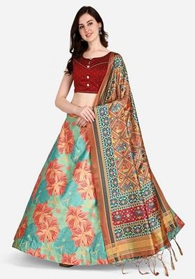 Multicolor Printed Satin Silk Lehenga Set