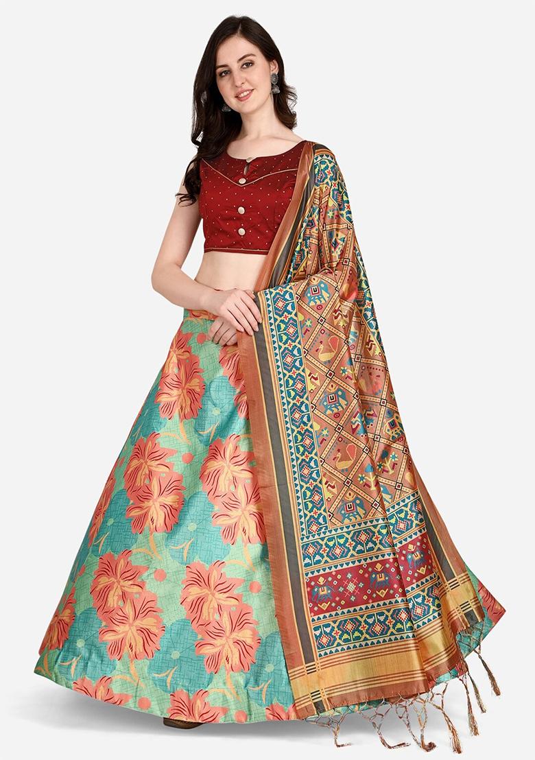 Multicolor Printed Satin Silk Lehenga Set