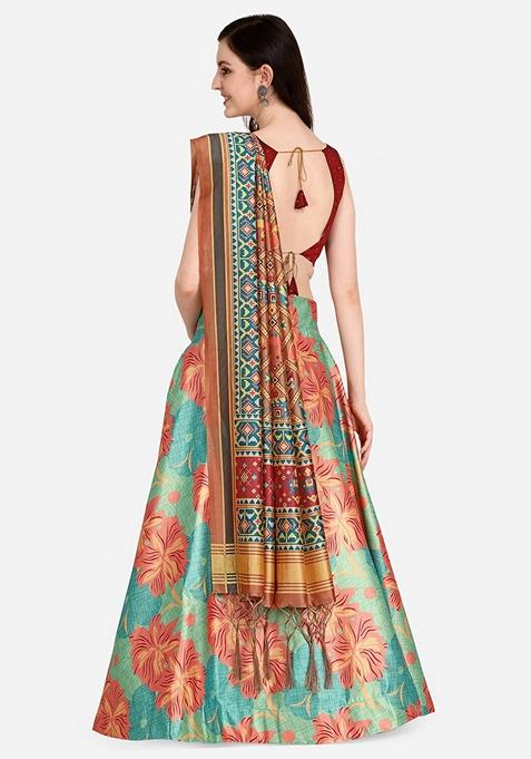 Multicolor Printed Satin Silk Lehenga Set