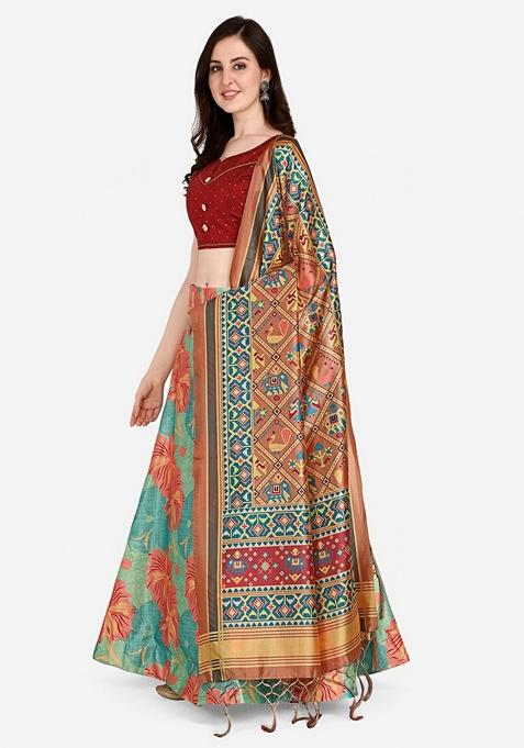 Multicolor Printed Satin Silk Lehenga Set