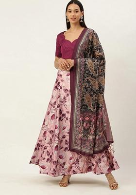 Pink Printed Satin Silk Lehenga Set