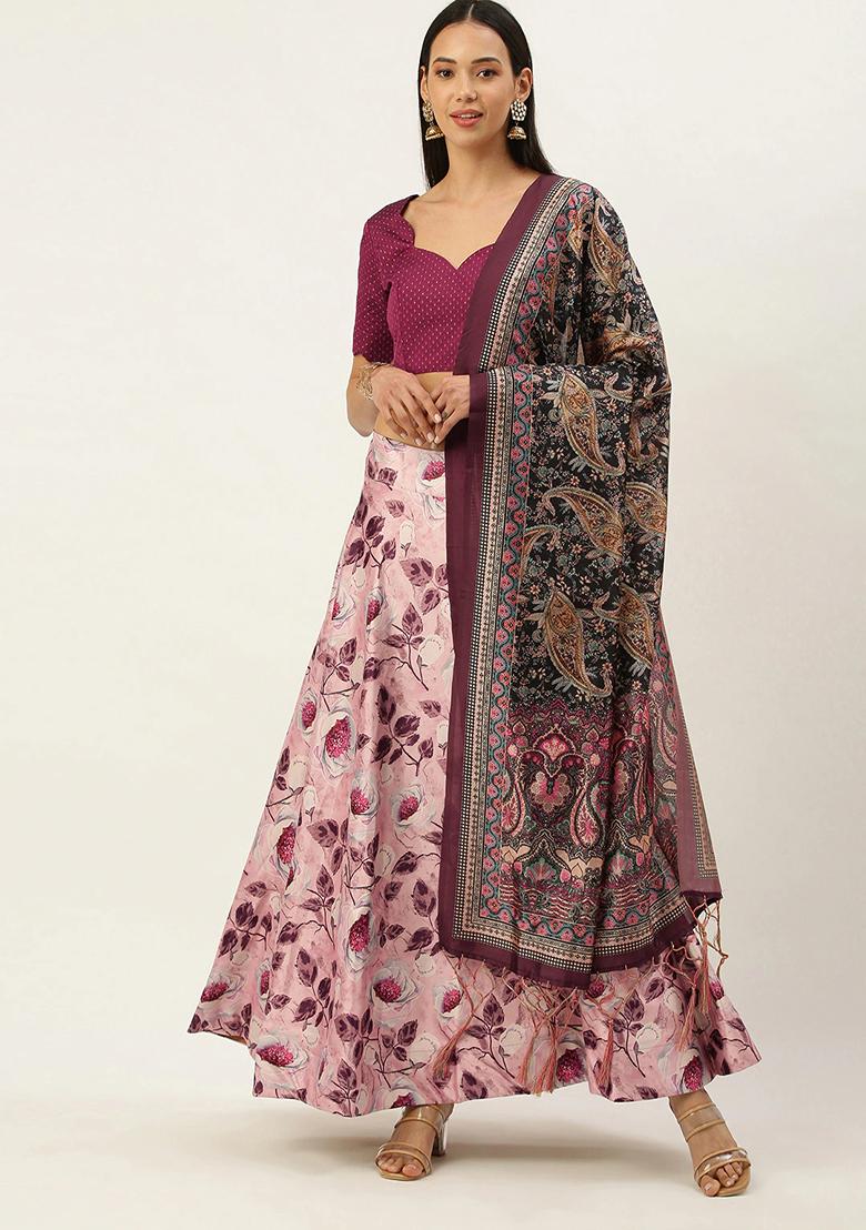 Pink Printed Satin Silk Lehenga Set