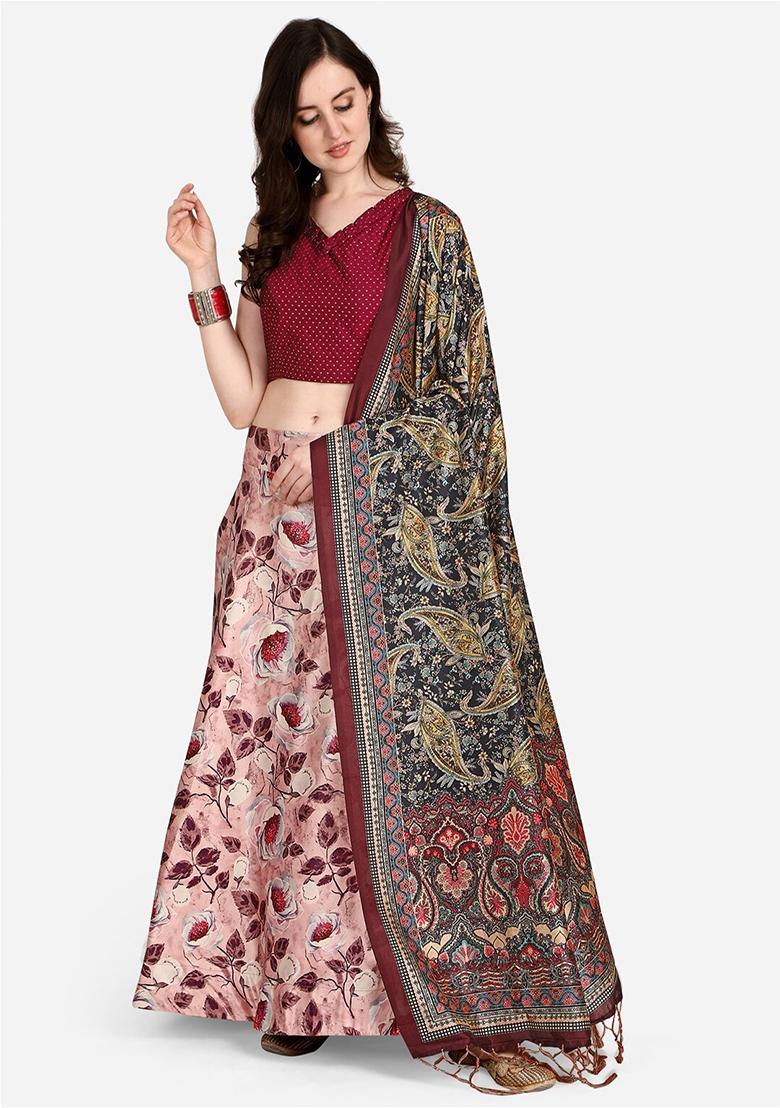 Pink Printed Satin Silk Lehenga Set