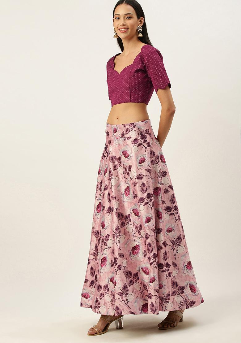 Pink Printed Satin Silk Lehenga Set