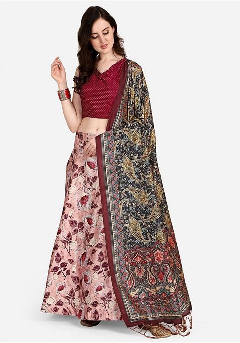 Pink Printed Satin Silk Lehenga Set