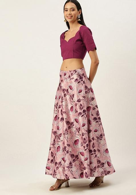 Pink Printed Satin Silk Lehenga Set